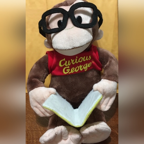 13" Gund CURIOUS GEORGE plush Doll Reading Still Curious Book Wearing glasses - Picture 3 of 4